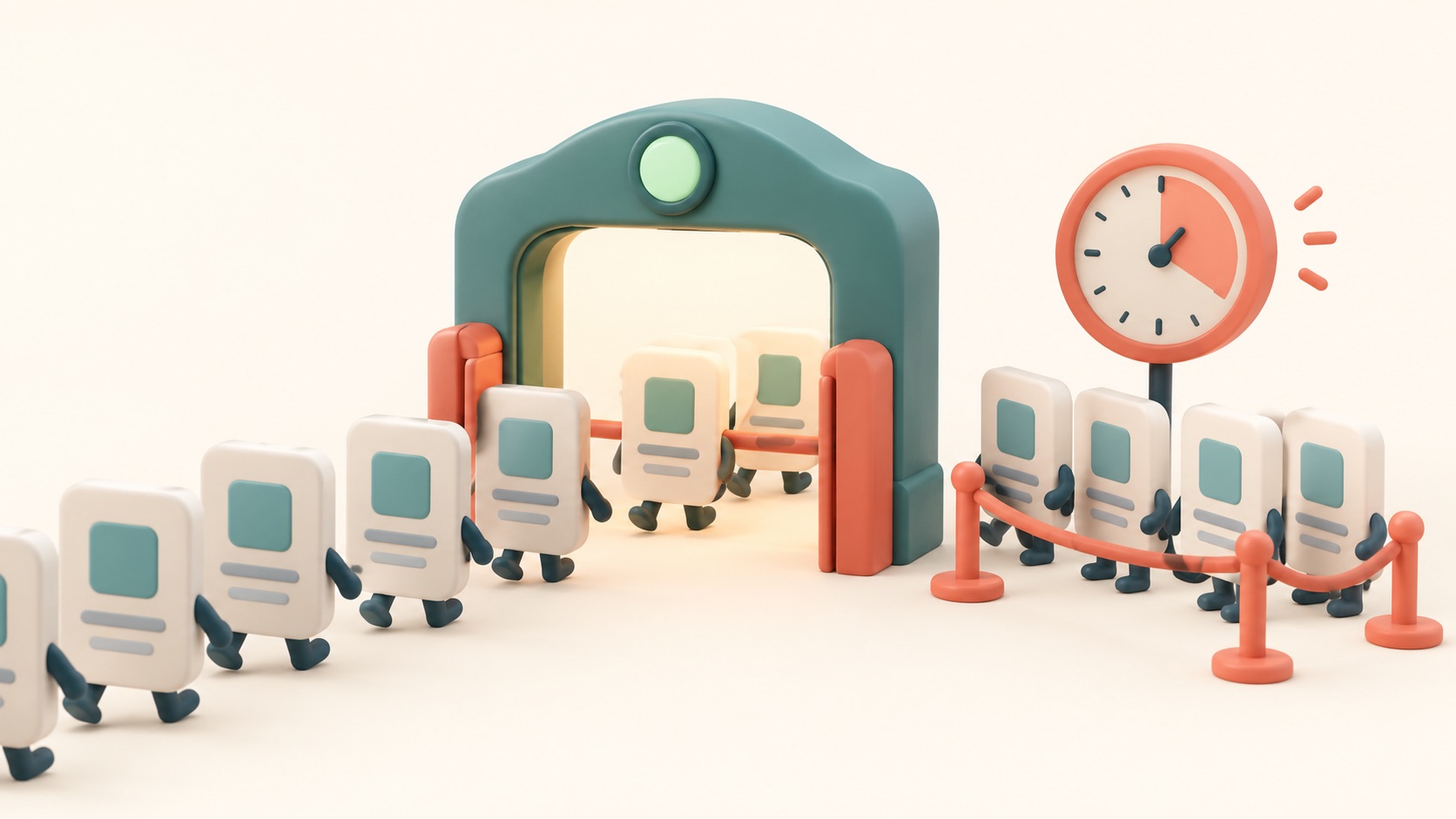 A small gate lets a steady stream of requests through and asks extra ones to wait.