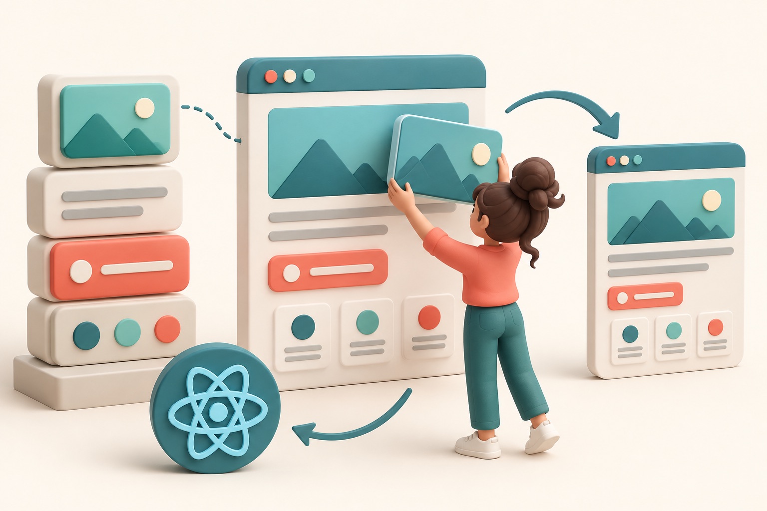 Reusable pieces come together to form a web page that can update.