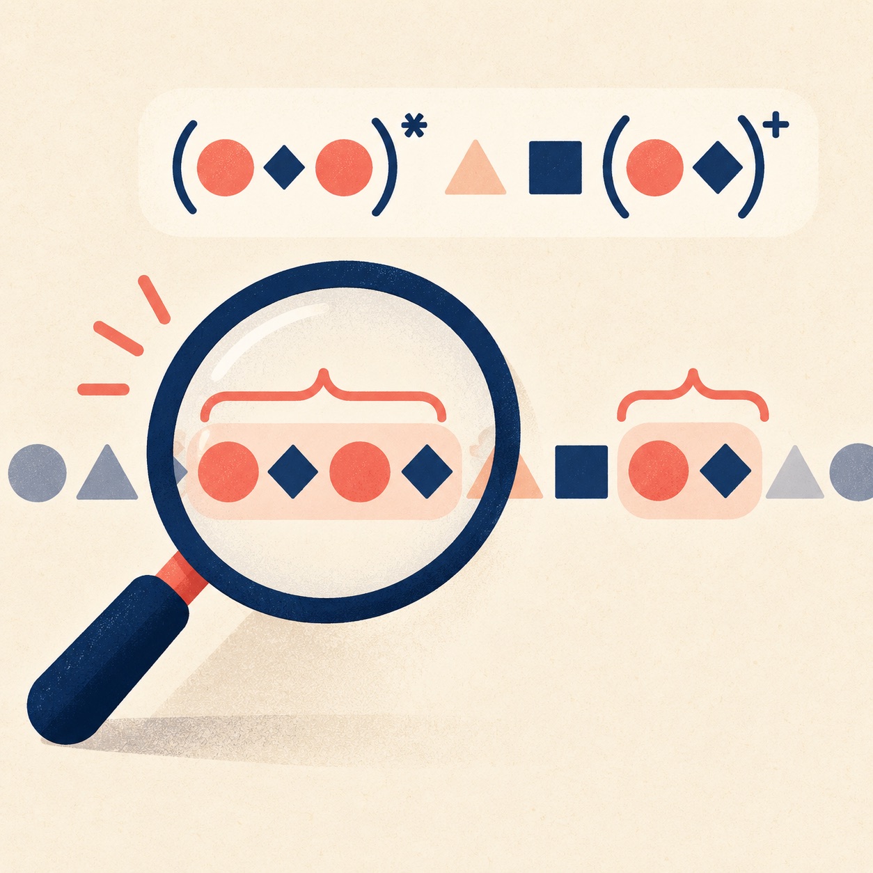 A magnifying glass highlights pieces of text that match a pattern.