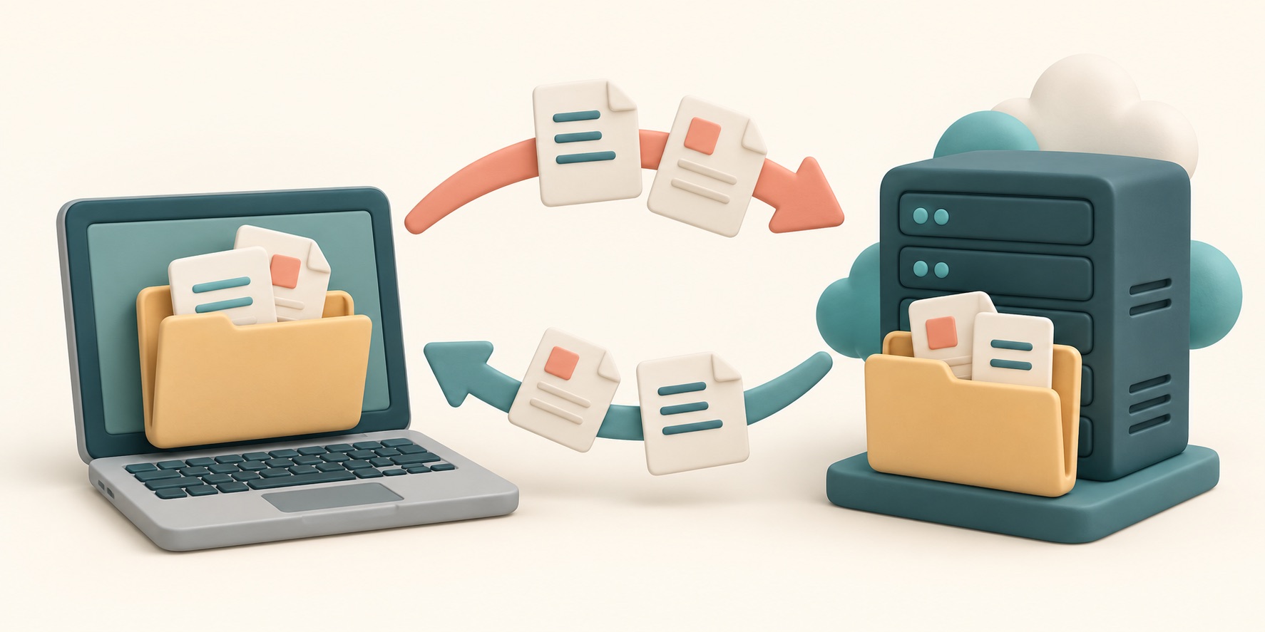 A local project folder exchanges change copies with a matching folder on a server.