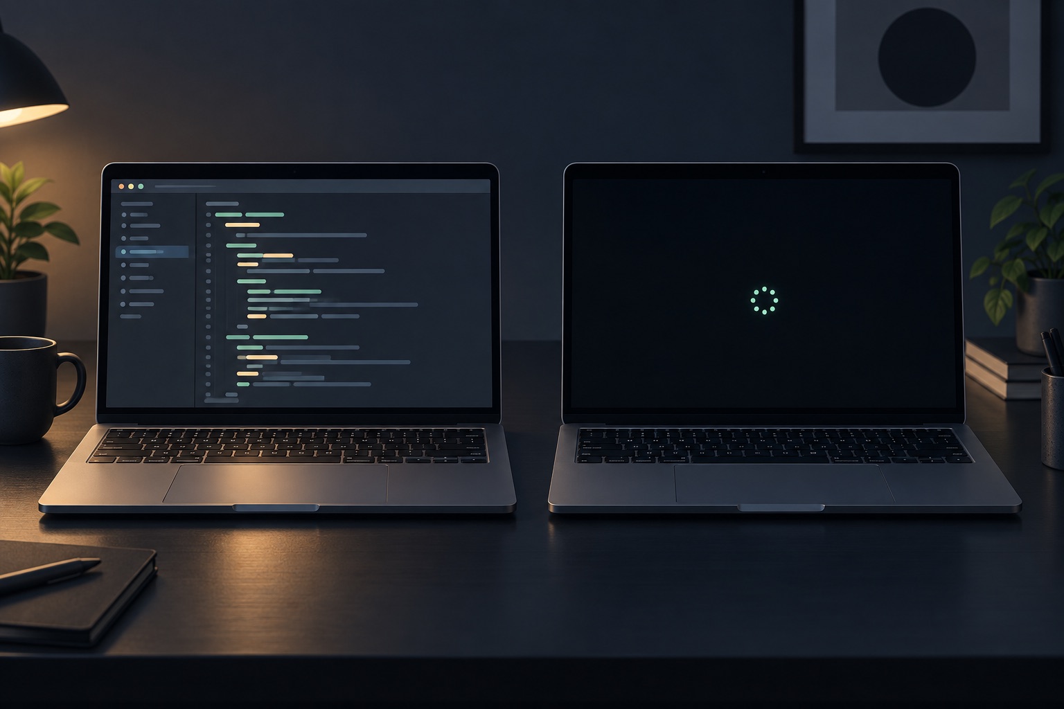 A laptop with its screen on beside one with its screen off while both computers remain awake.