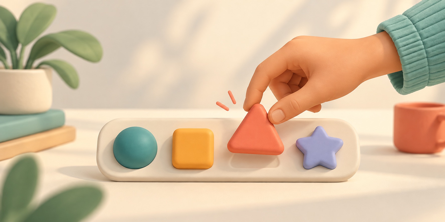 A hand chooses one colored card from a short, tidy stack.