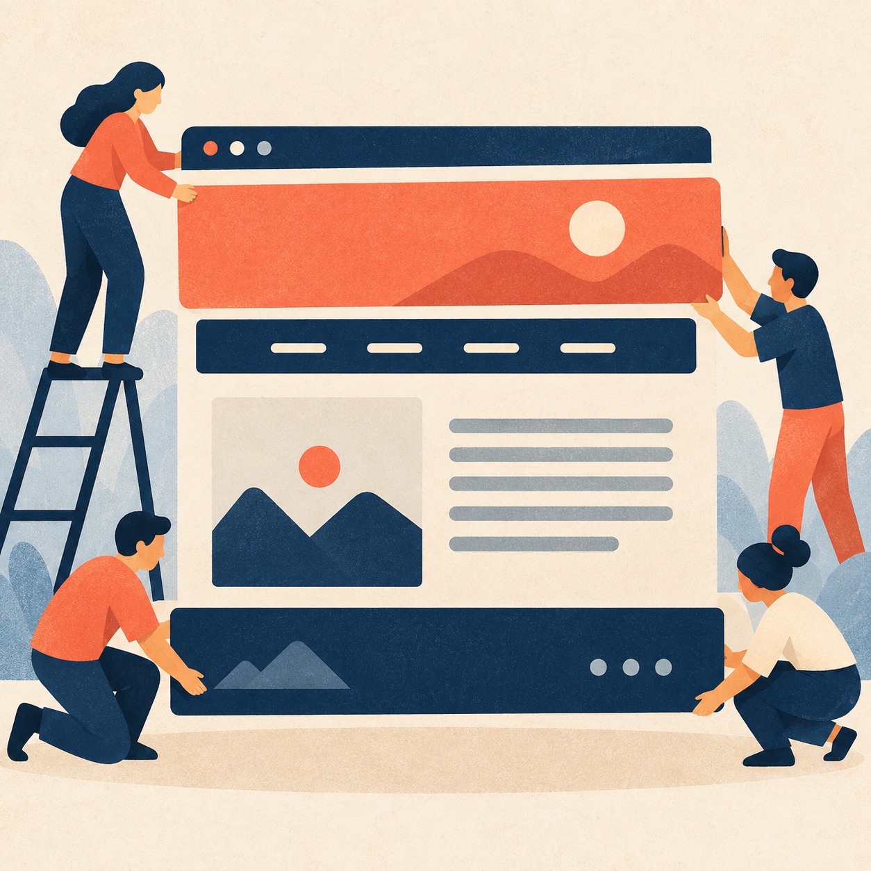 A webpage is arranged into clear blocks for navigation, an article, and a footer.
