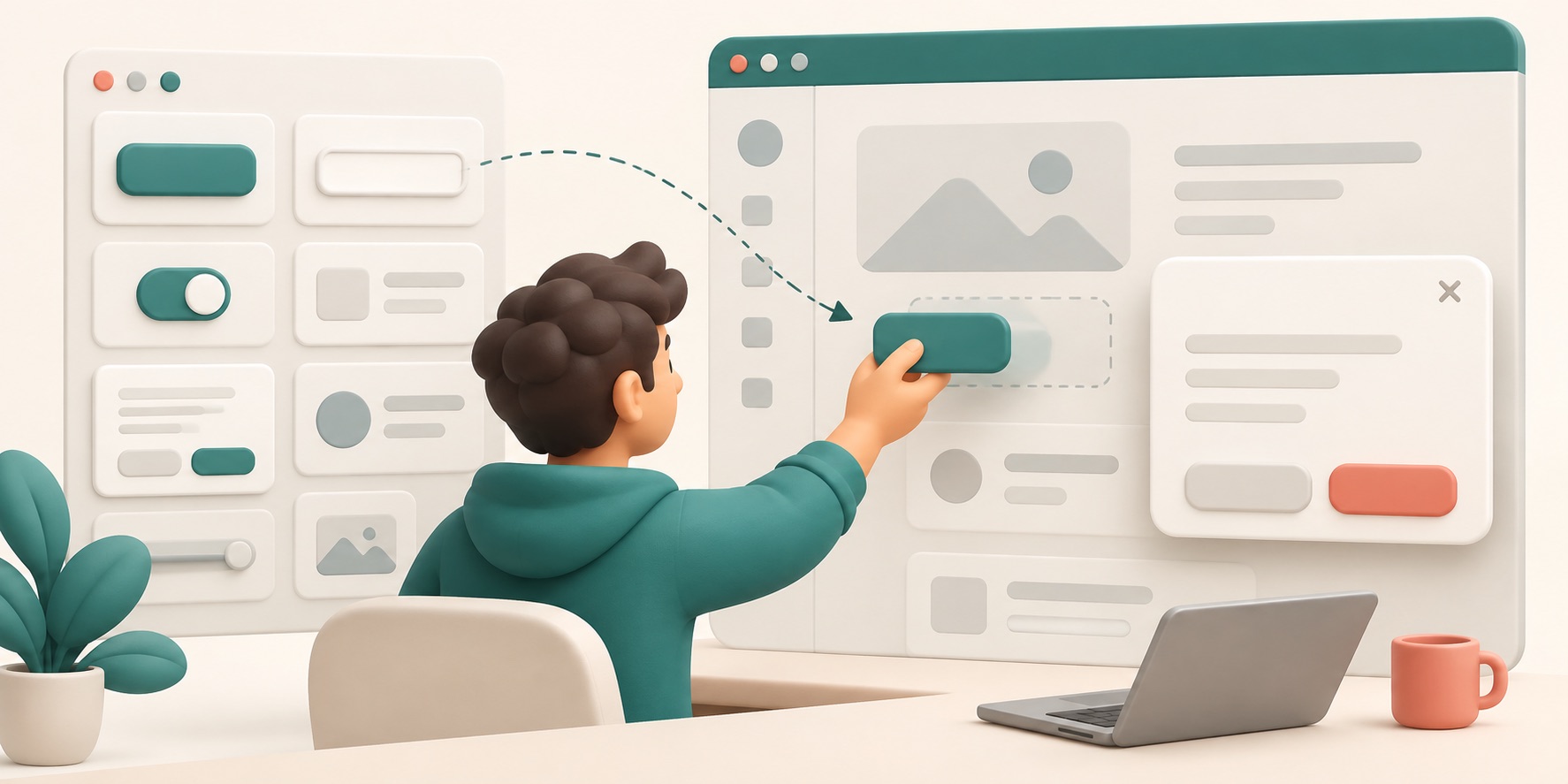 A developer selects and customizes ready-made interface pieces for an app.