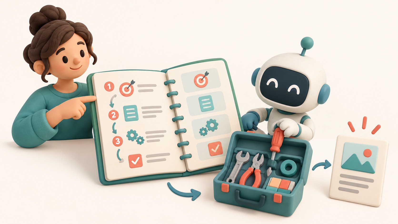 A reusable instruction booklet and small toolkit guide an assistant through a task.