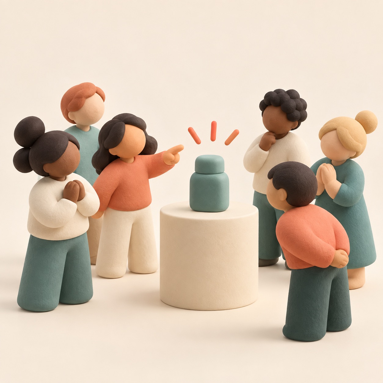 A few people-shaped figures gather beside a product card.
