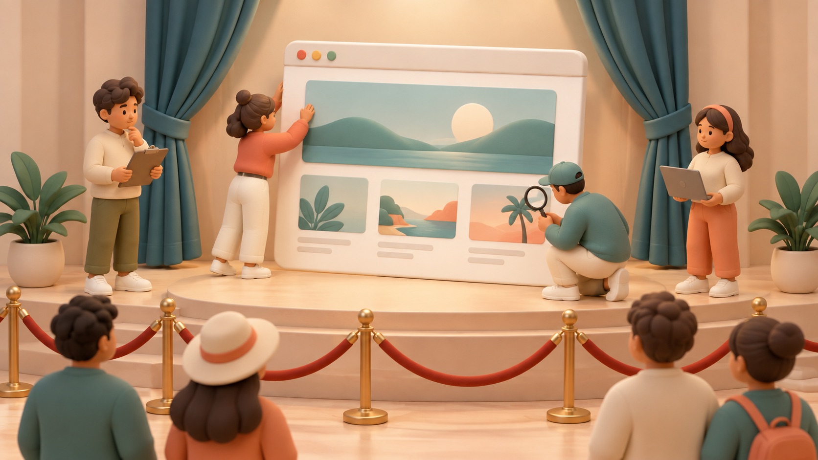 A website is checked on a private preview stage before opening to visitors.