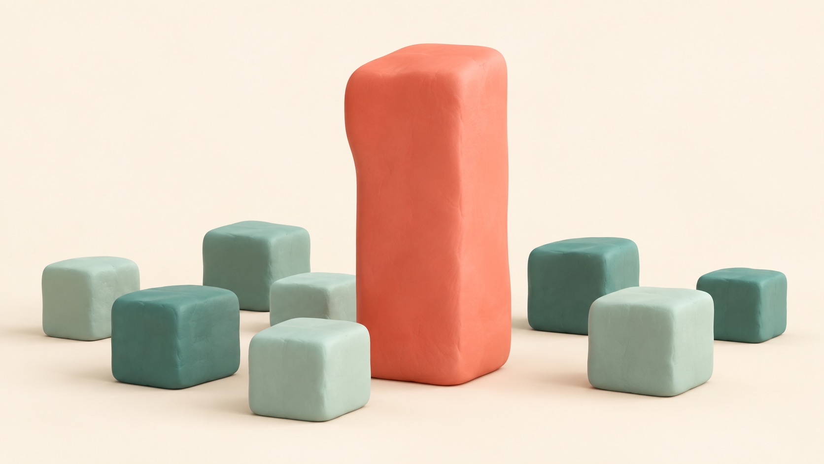 One large number-shaped object stands out among smaller pieces.