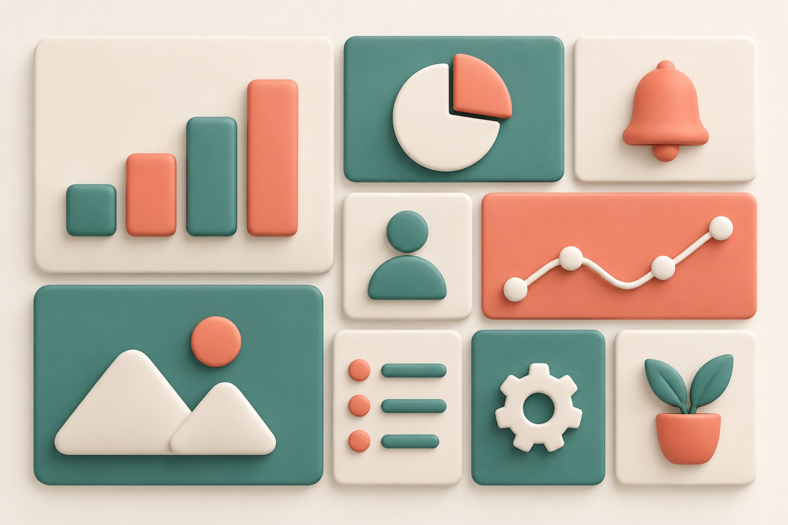 A dashboard arranges different-sized rectangular cards in a balanced grid.
