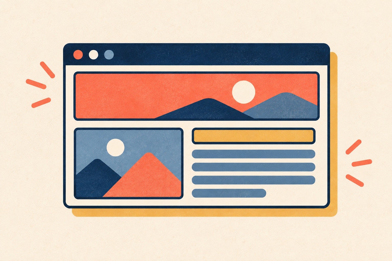 A bold blocky interface uses thick outlines and simple bright color panels.