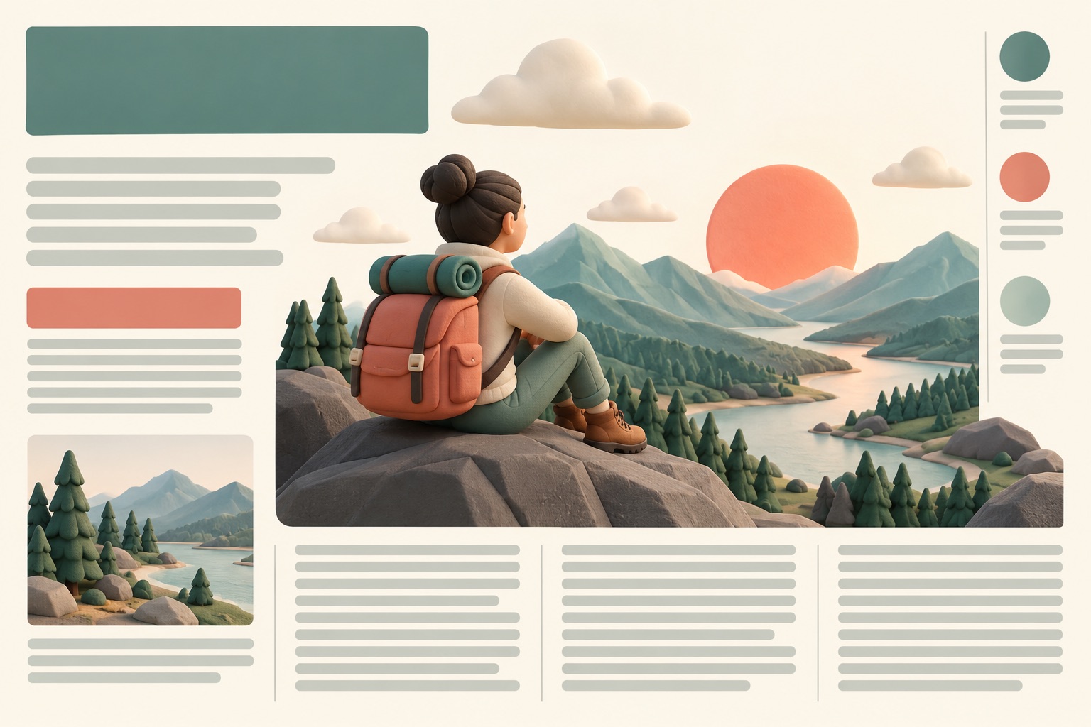 A magazine-like page balances a large image, a headline-shaped block, and readable columns.