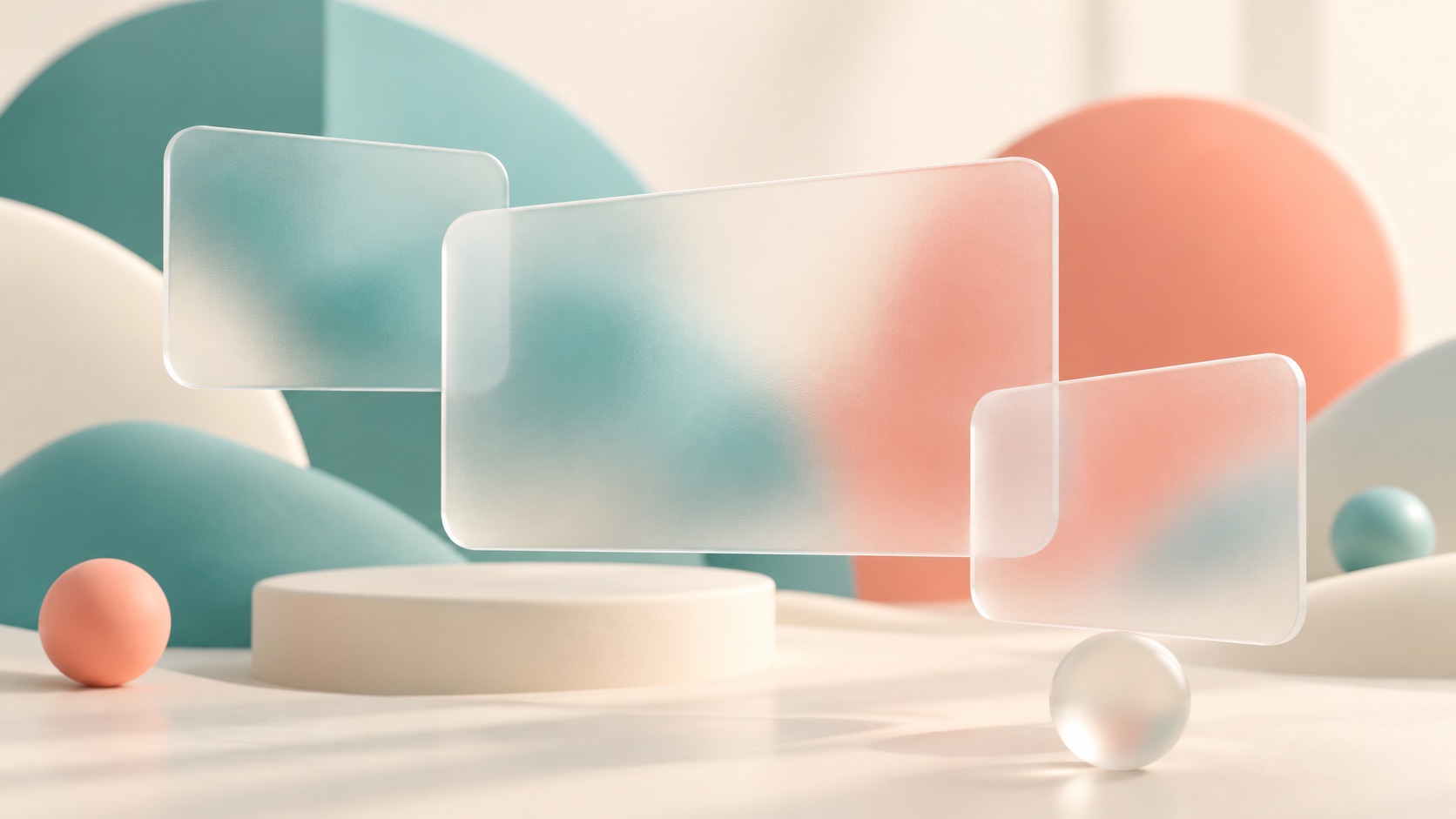 Frosted translucent cards sit over a softly colored background with readable contrast.