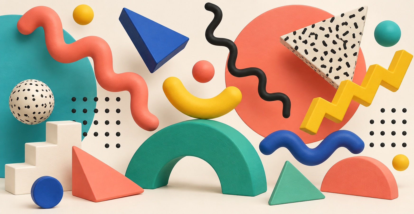 Colorful geometric shapes, dots, squiggles, and zigzags form a lively composition.