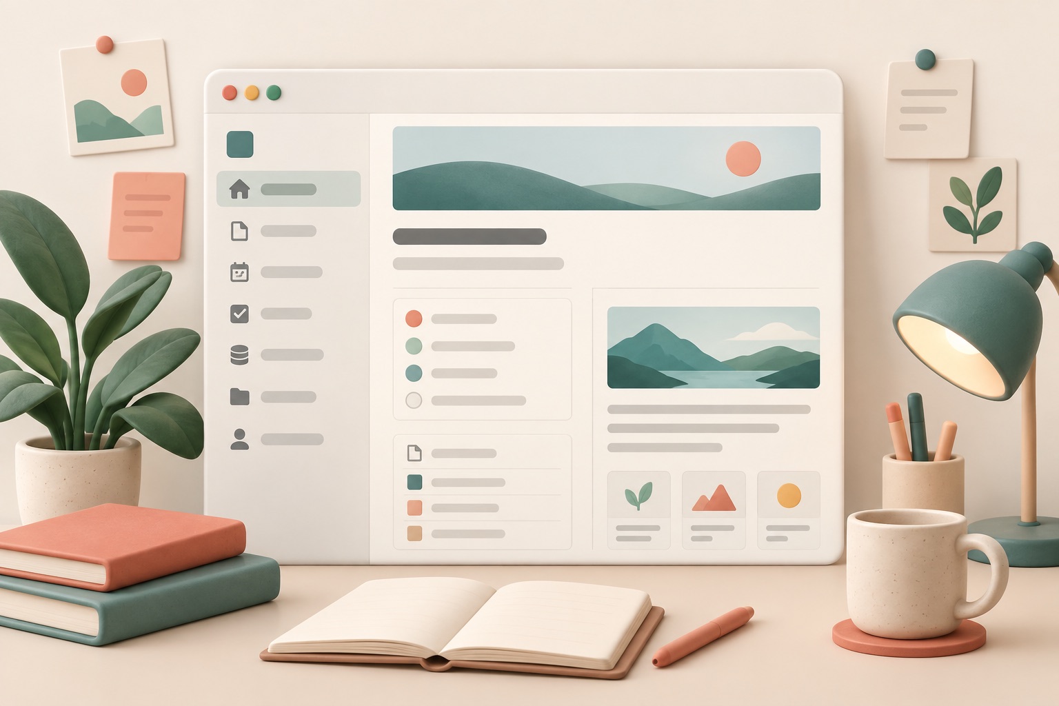 A quiet document workspace uses simple pages, a sidebar, and subtle dividers.