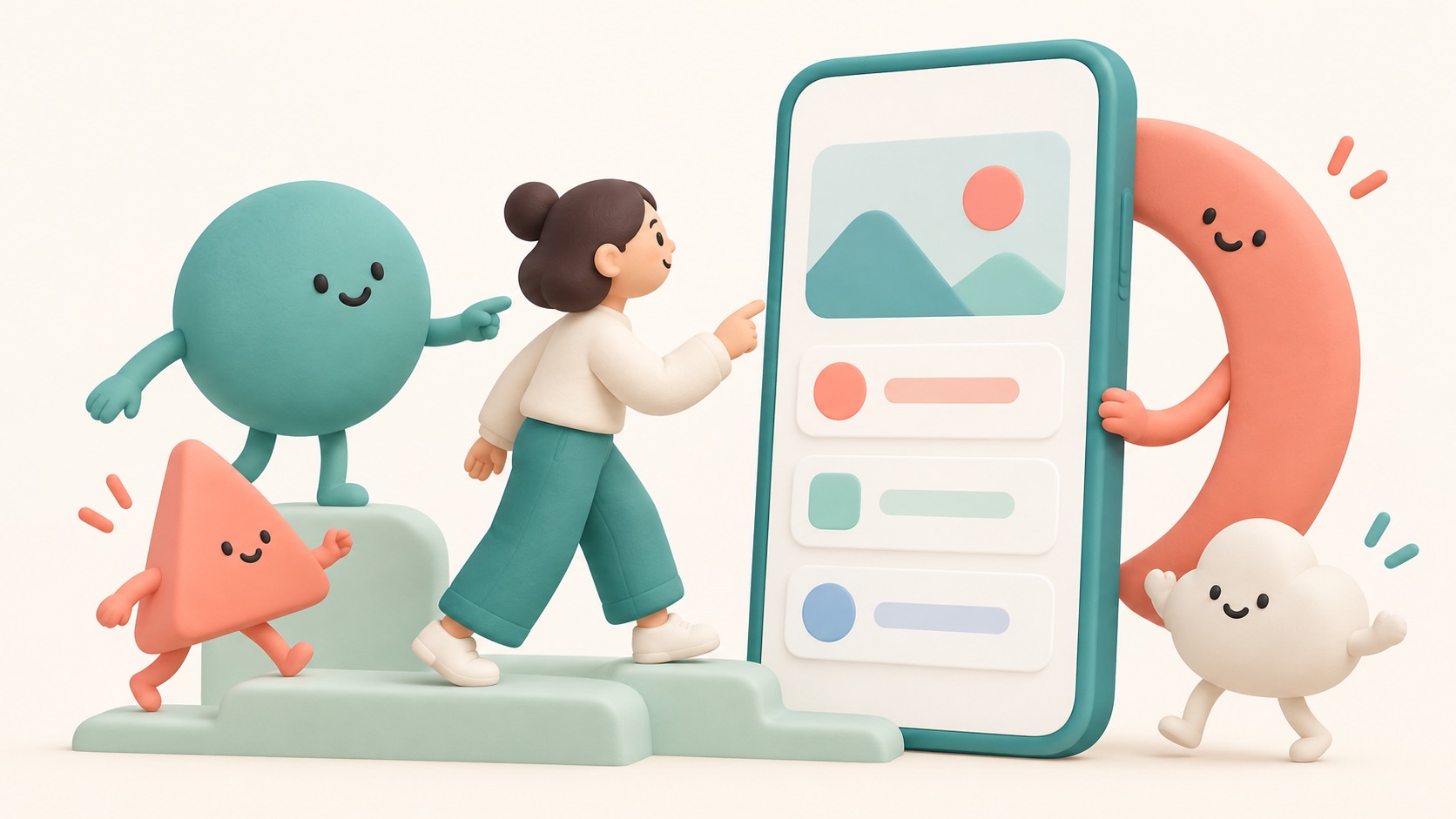 Friendly simple characters and expressive shapes guide a person through an app.
