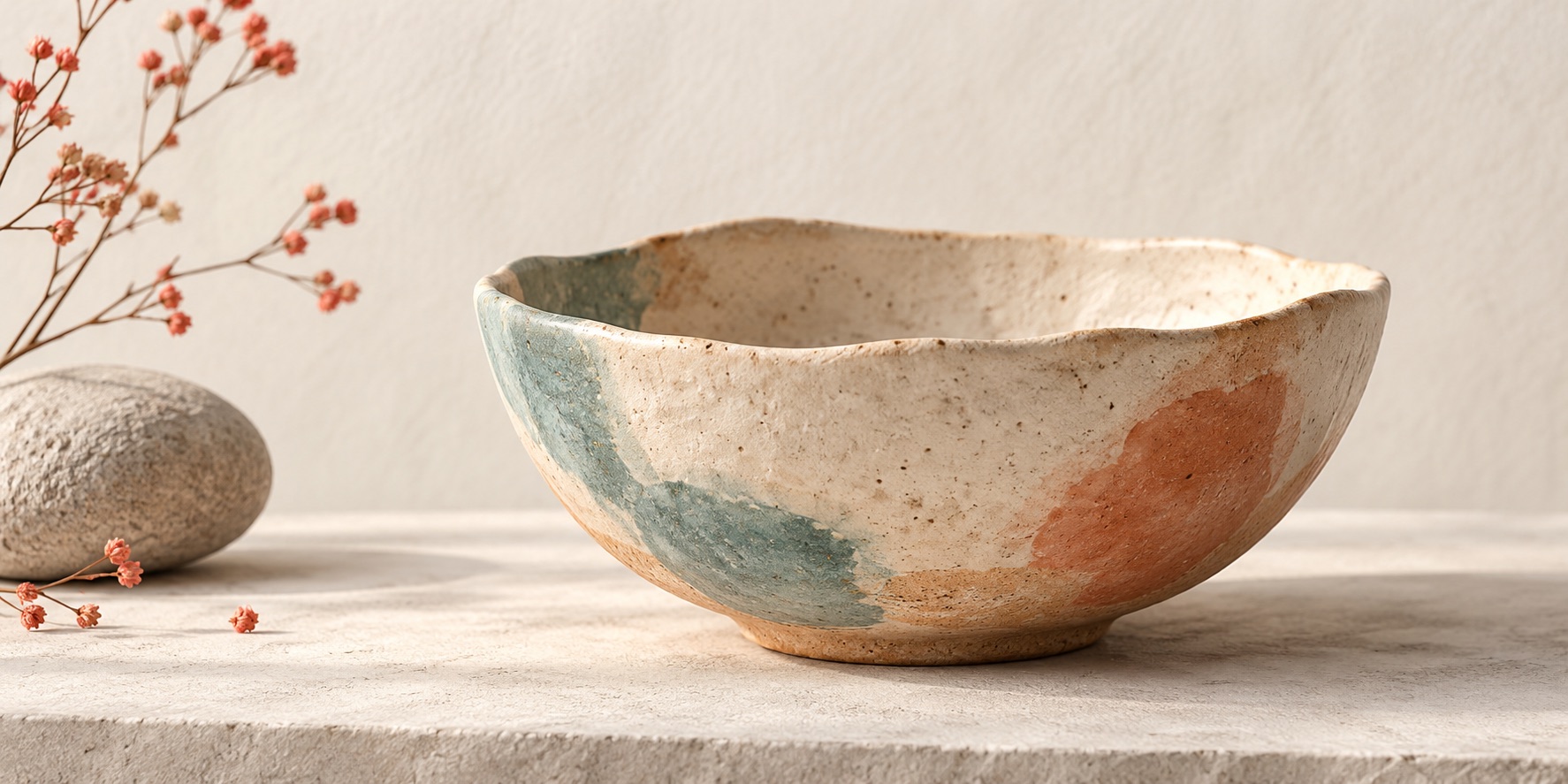 A handmade bowl has a quiet, naturally irregular edge and tactile surface.