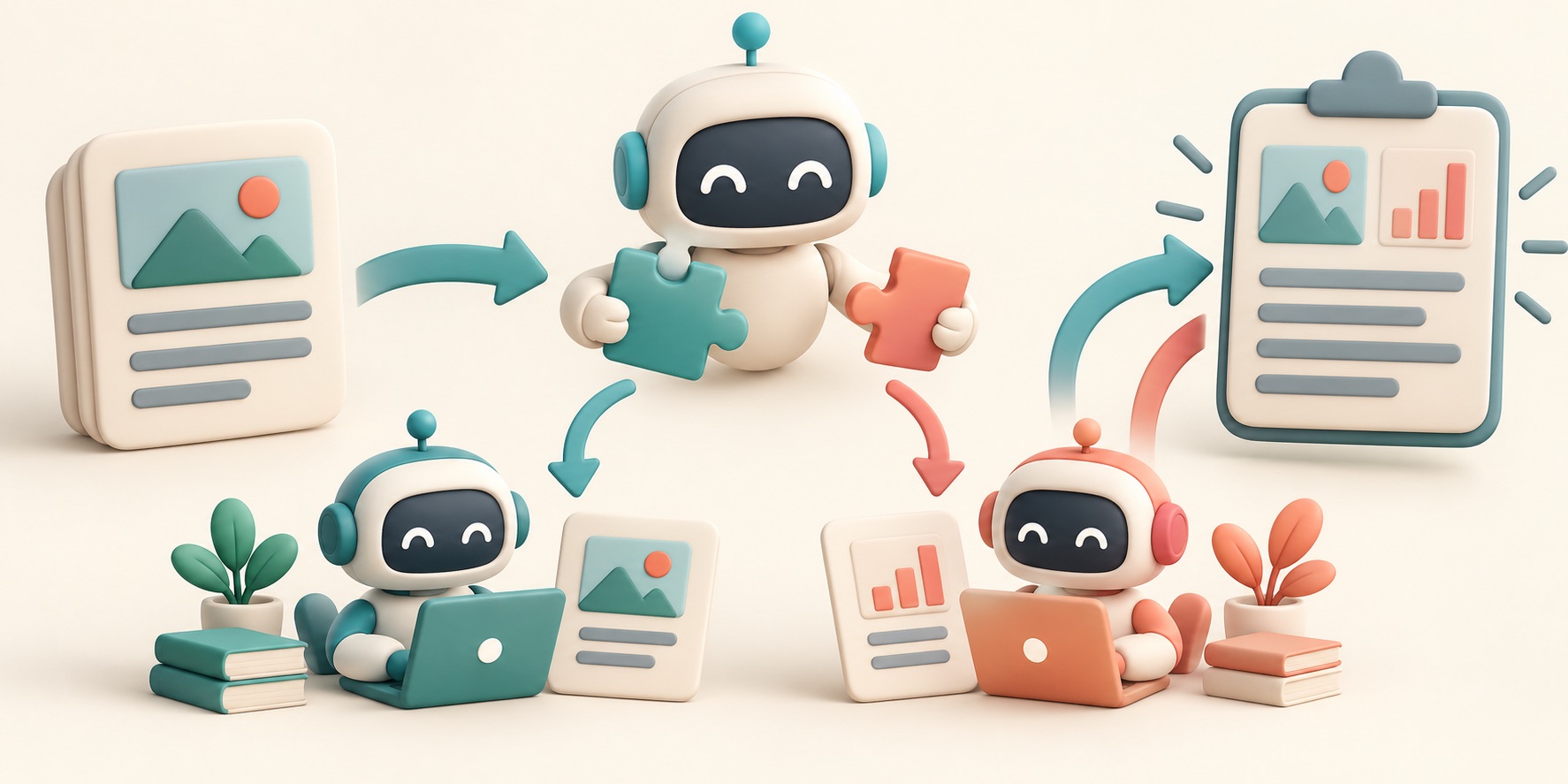 A lead AI helper splits work between two specialized helpers and reviews their notes.