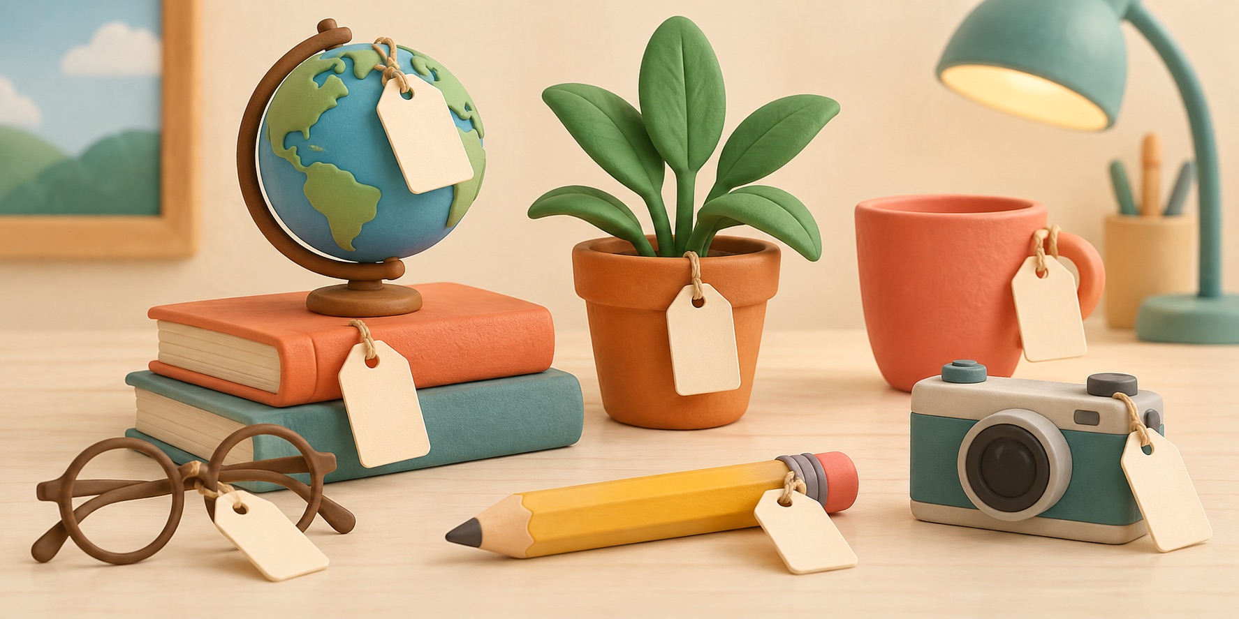 Small colored labels attached to a few neatly arranged objects.