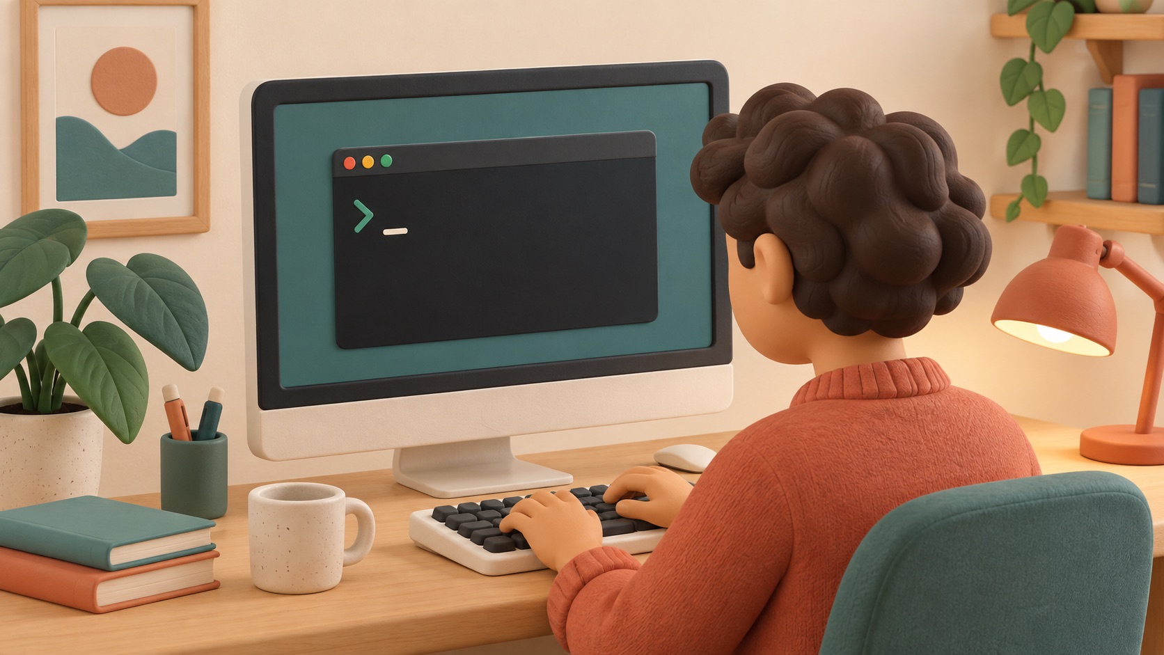 A person types a short instruction into a computer window.