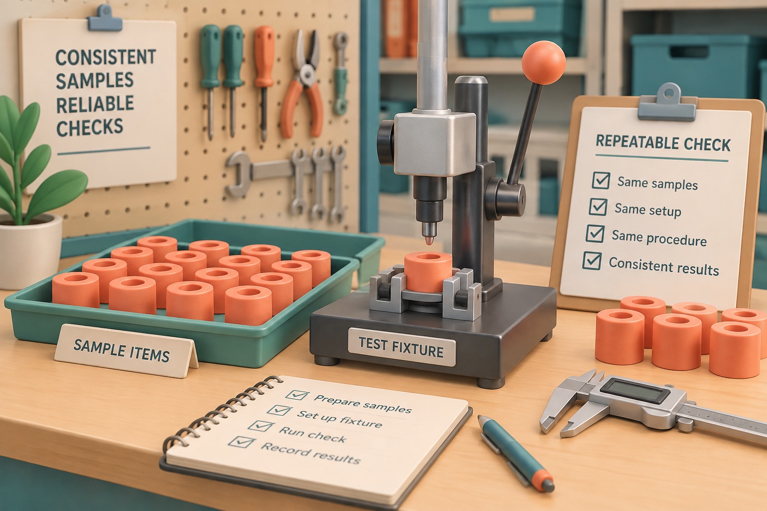 A test station is prepared with consistent sample items before checking.