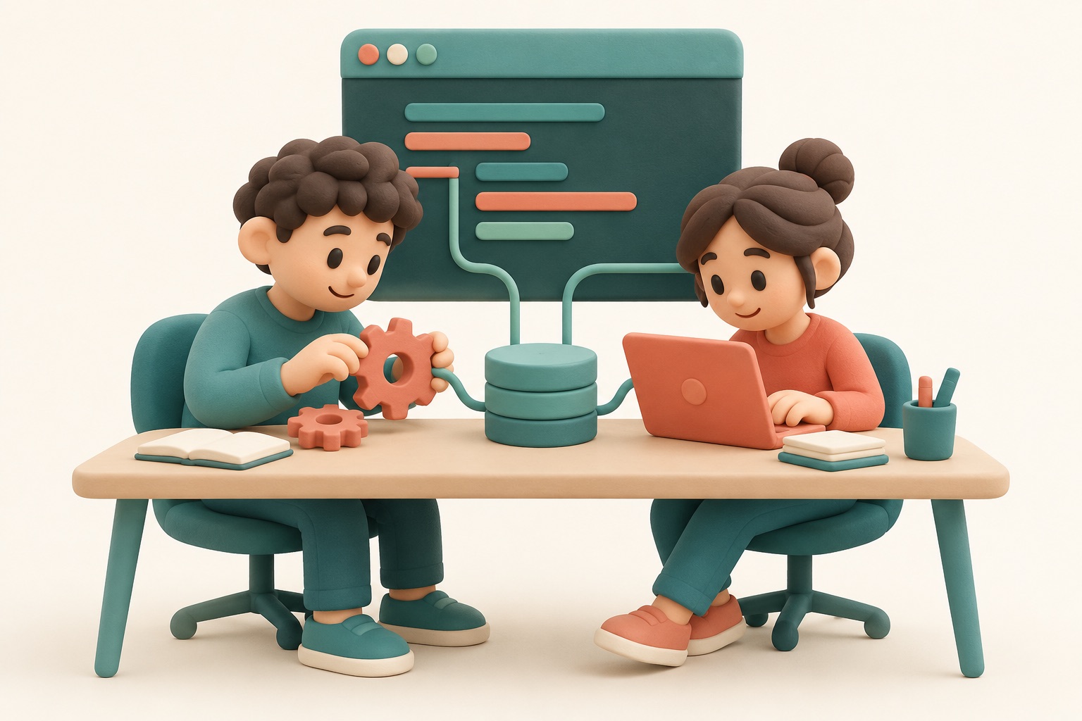 Two workers share one program's desk while handling different parts of its work.