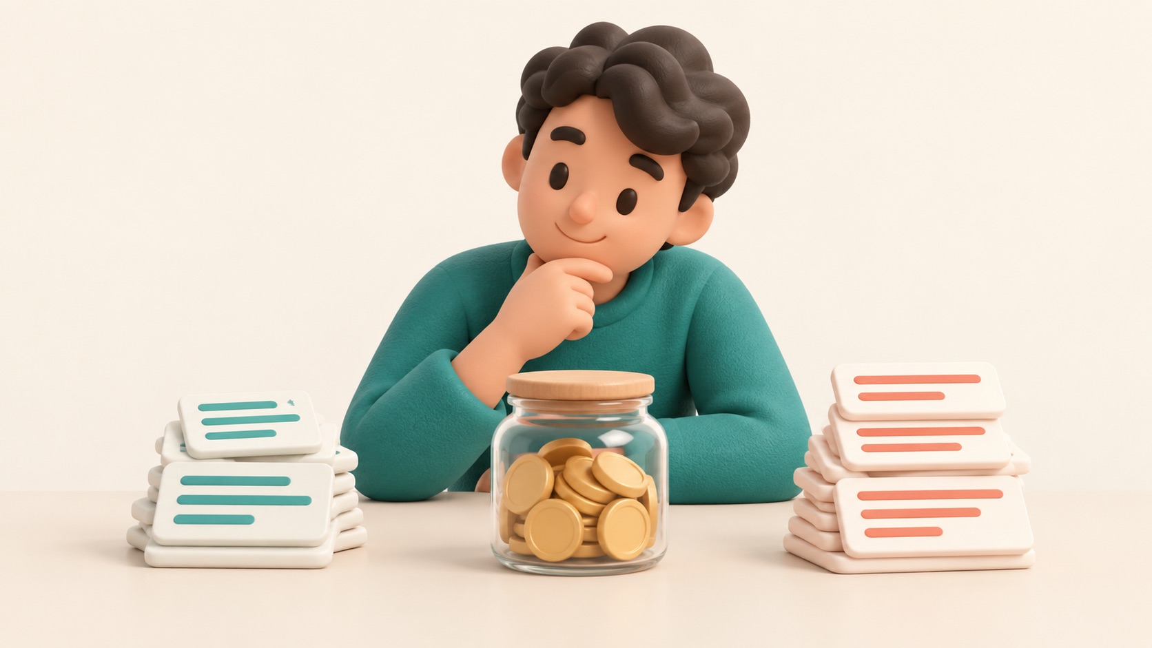 Input and output text pieces are counted beside a simple coin jar.