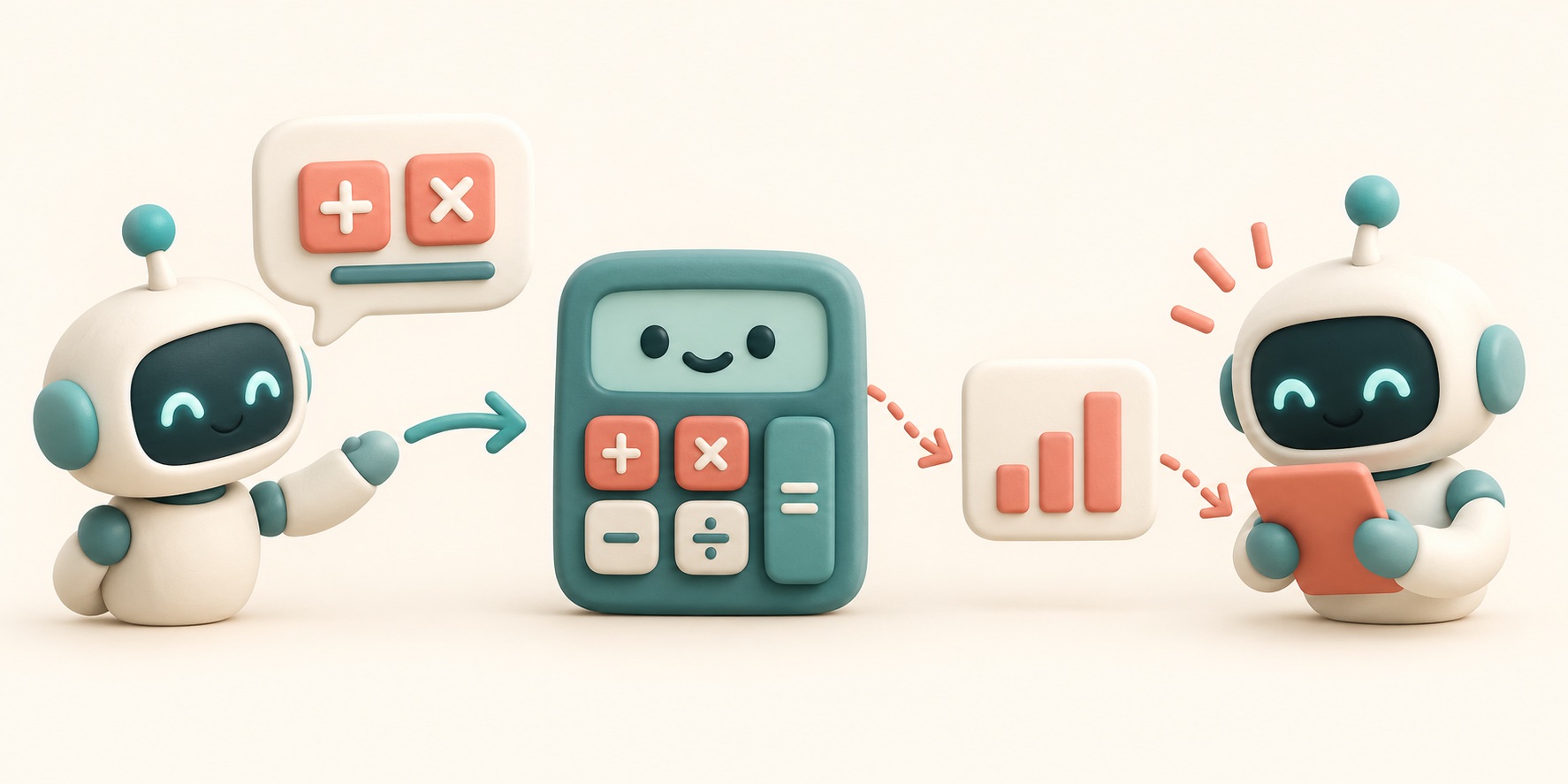 An AI asks a calculator tool for a result and uses that result to continue.