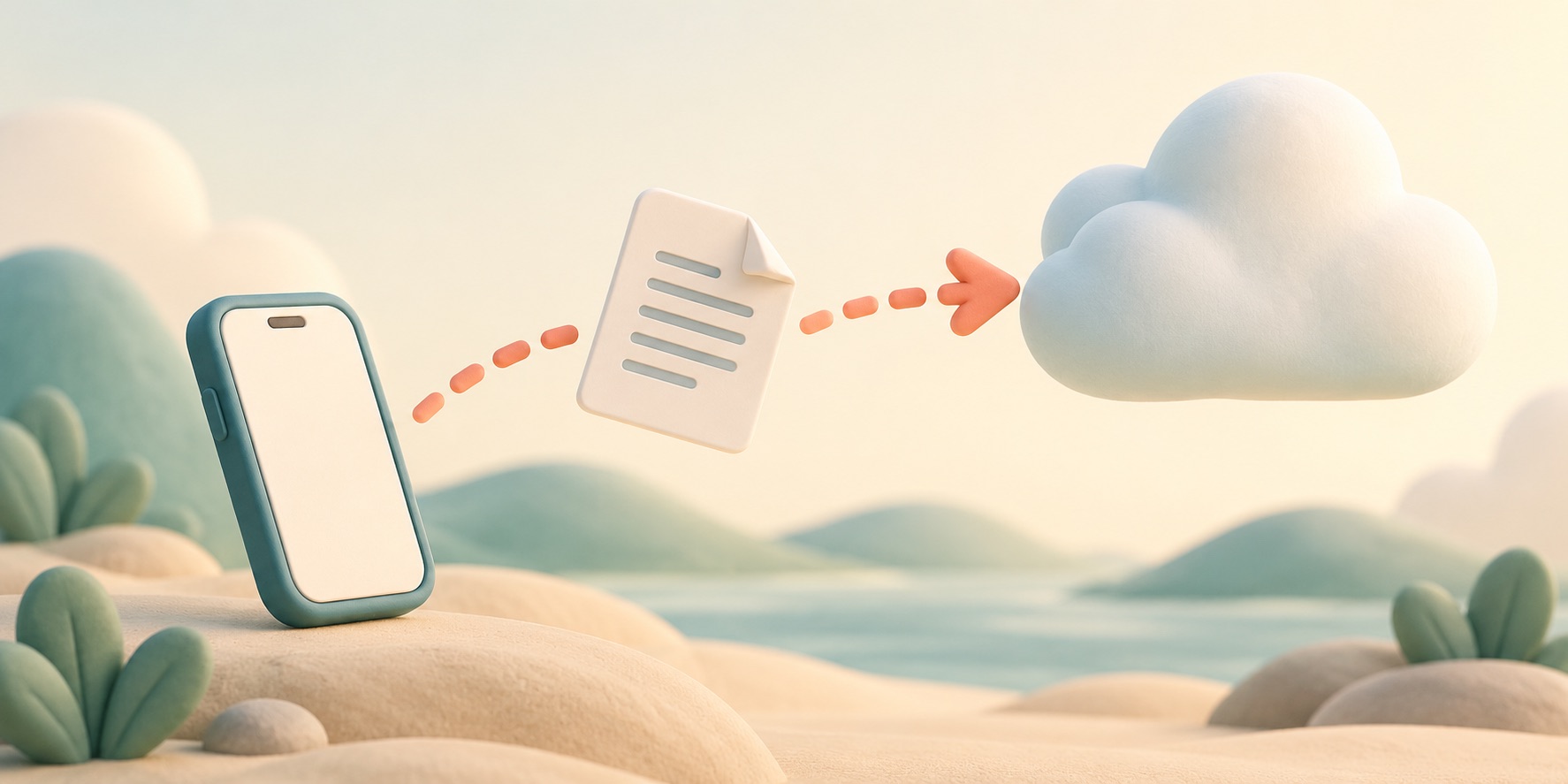 A document moves from a small device toward a cloud-shaped destination.