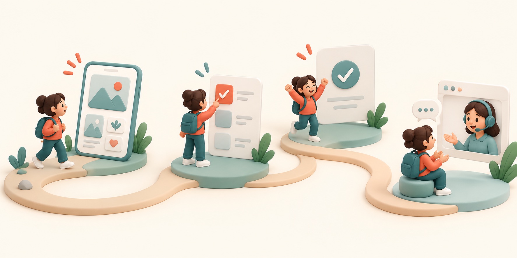 A person's experience winds through several moments before and after using an app.