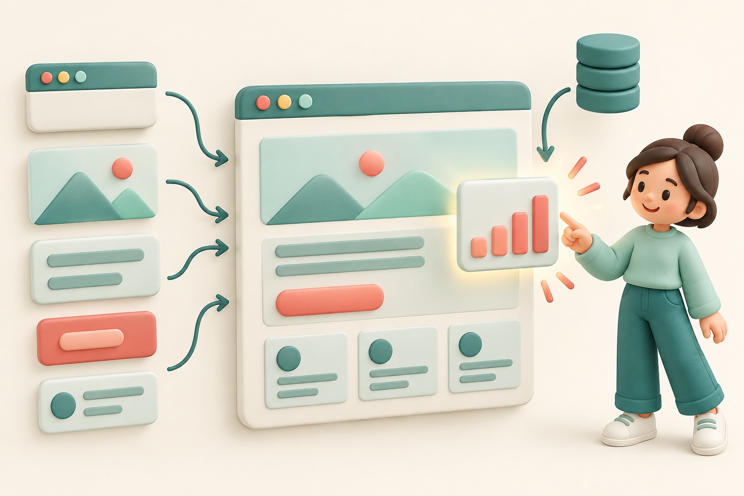 Reusable parts form an interactive page, with one part changing when its data changes.
